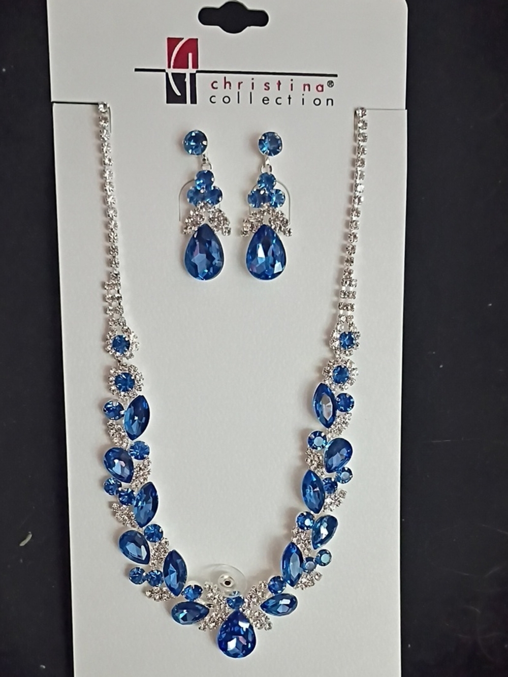Christina Collection Blue Crystal Teardrop Necklace & Earrings Set
